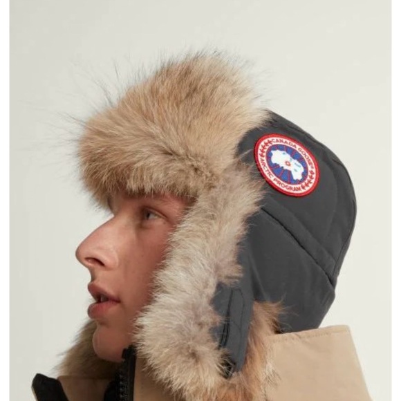 Canada Goose Other - Canada Goose Aviator Hat Cap Graphite Gray Real Coyote Fur Trapper Ear Flaps NEW